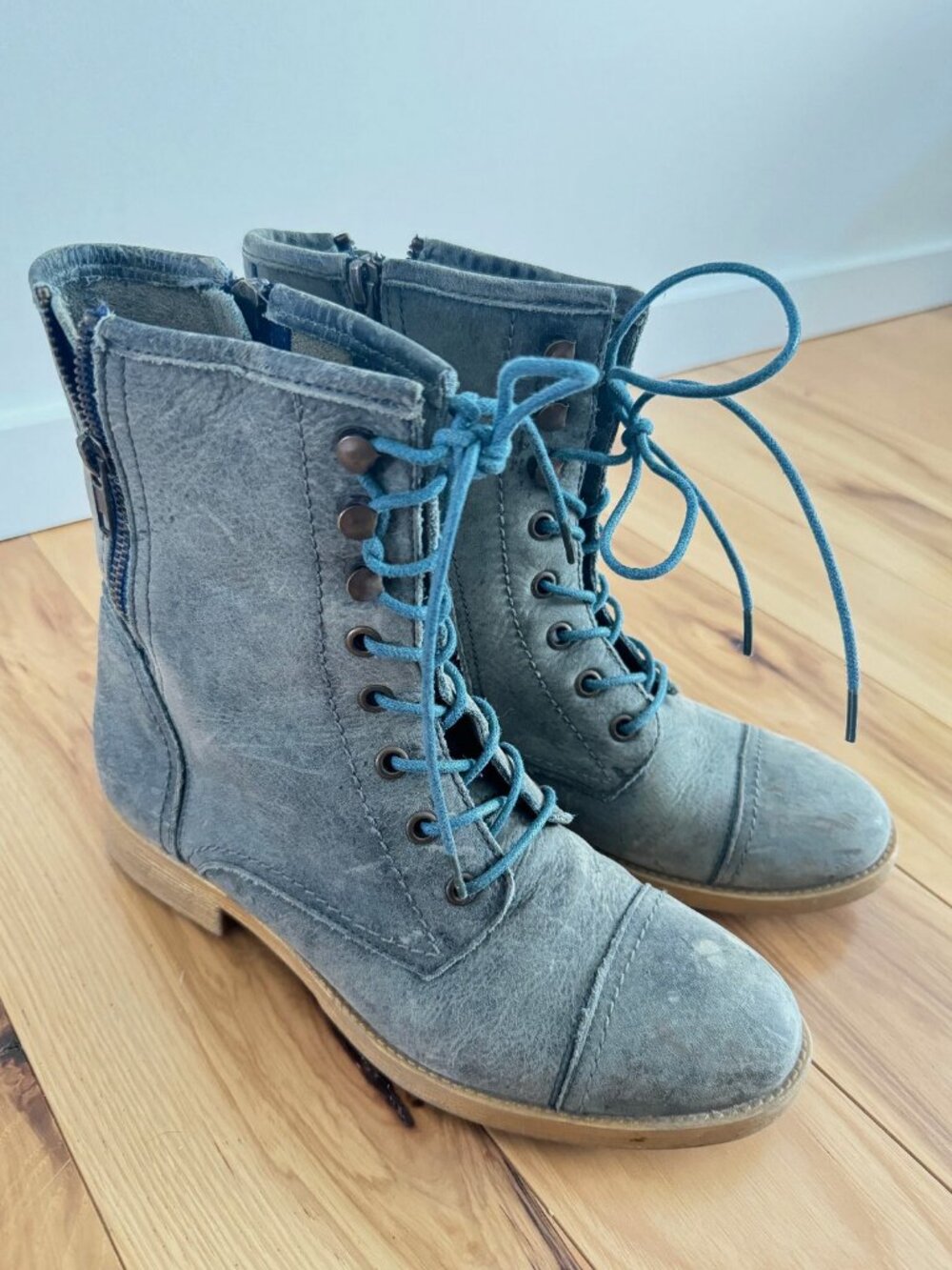 Bed Stu Combat Lace-Up Boots Green Blue Lace Vegetable Tanned Genuine Leather 8